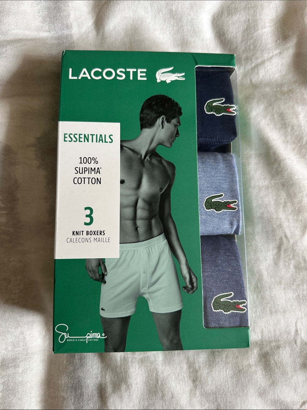 Lacoste Essentials Men’s Supima Cotton 3 Pack Knit Boxers Medium Blue New w tags